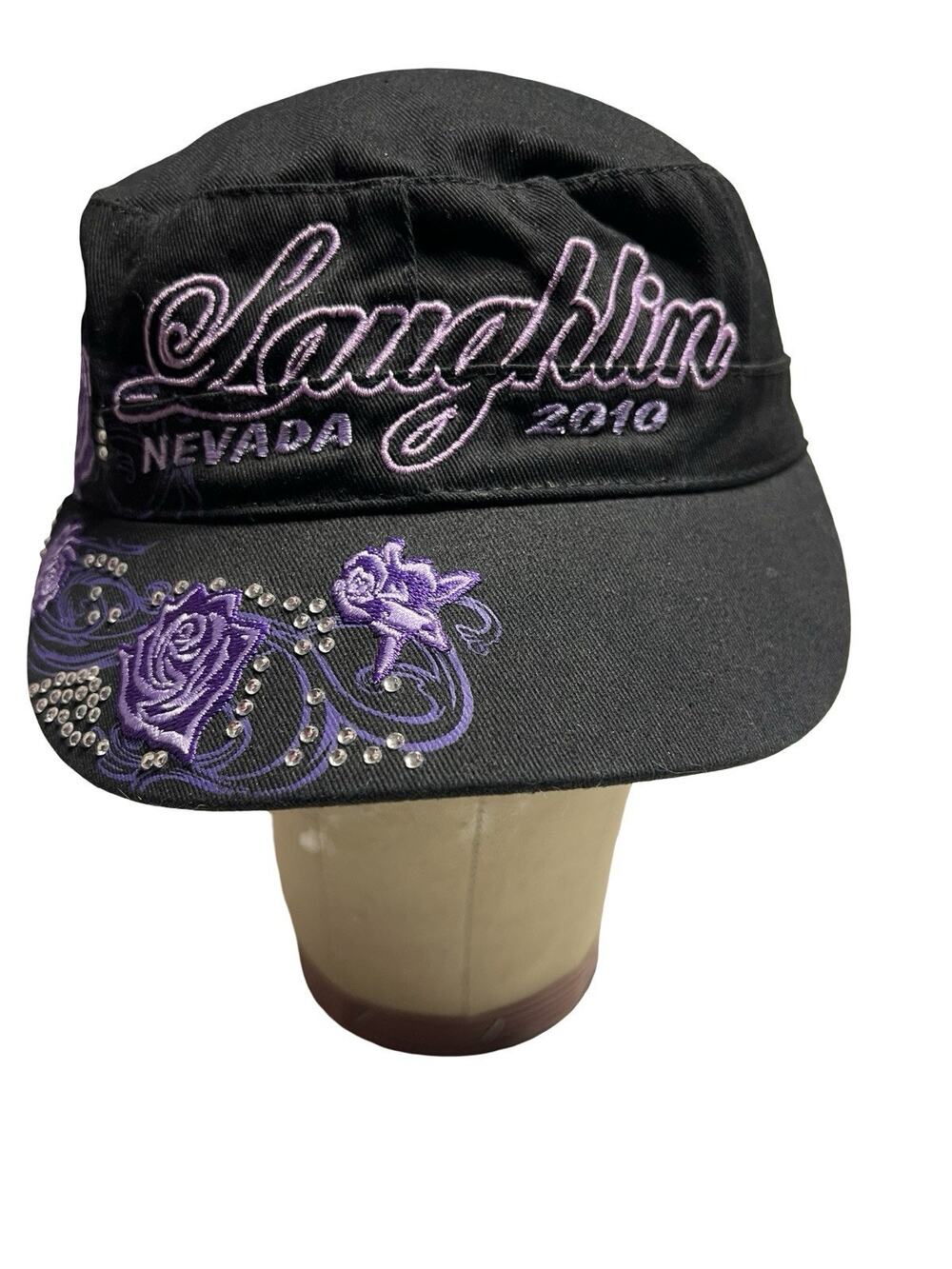 Vtg Y2K Military Style Cadet Hat Purple Roses Laughlin River Run 2010 Moto Cap
